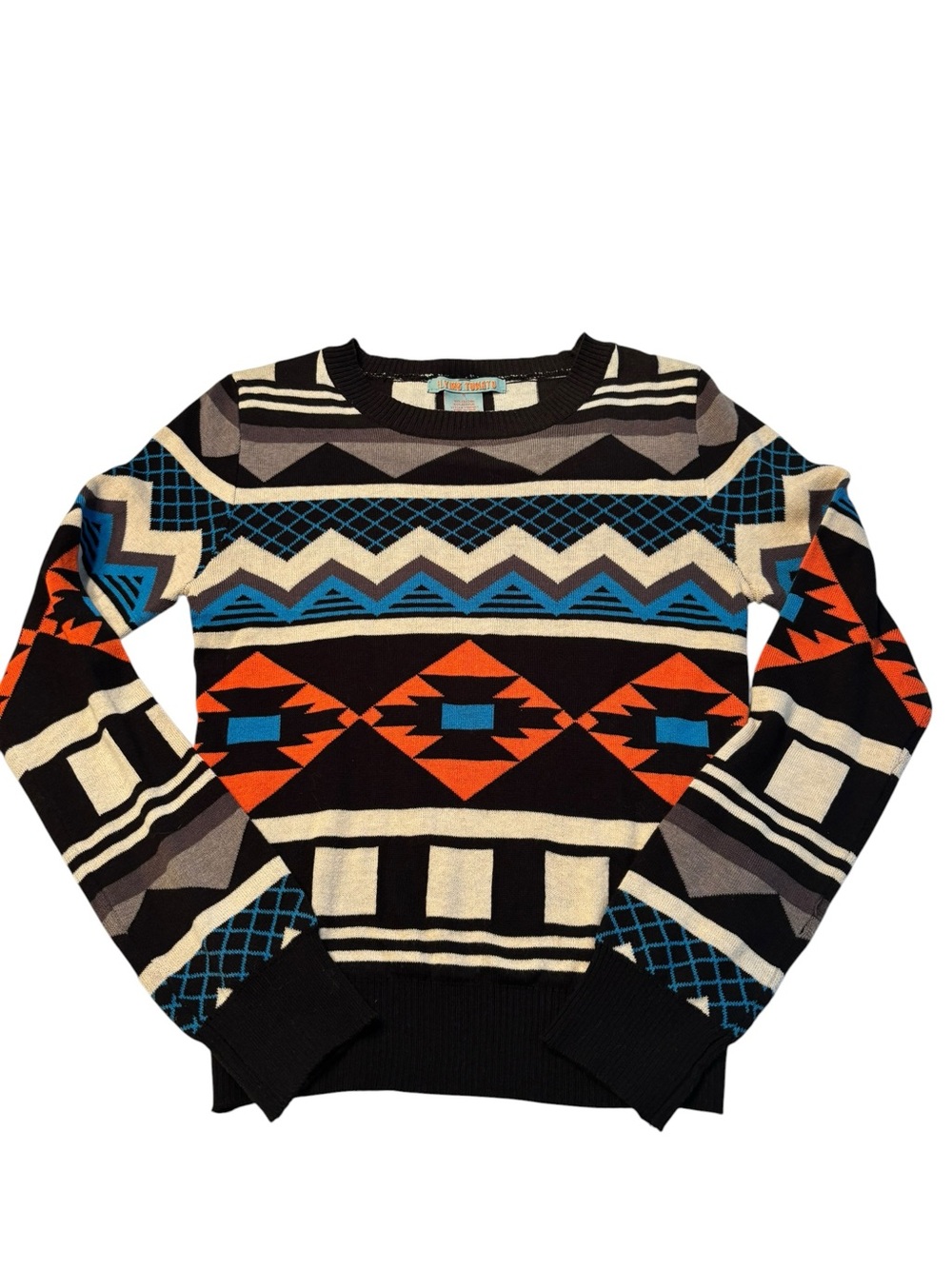 Flying Tomato Black, Orange, Blue & Cream Geometric Crewneck Sweater